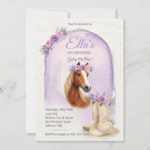Convite de Aniversário de Cavalo Floral Roxo para