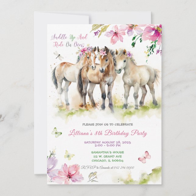 Convite de Aniversário de Cavalo Rosa Roxo (Frente)