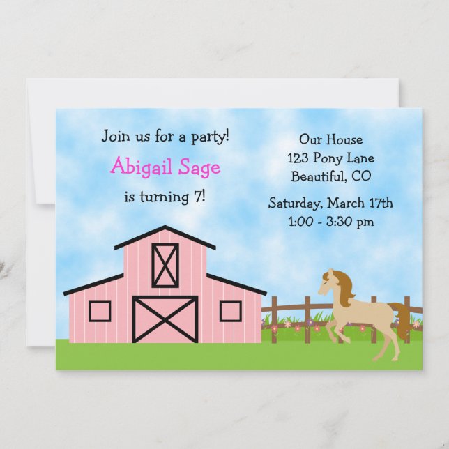 Convite de aniversário de cavalos para meninas (Frente)