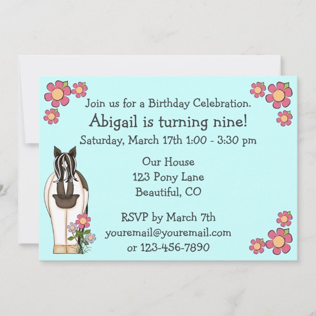 Convite de aniversário de cavalos para meninas (Frente)