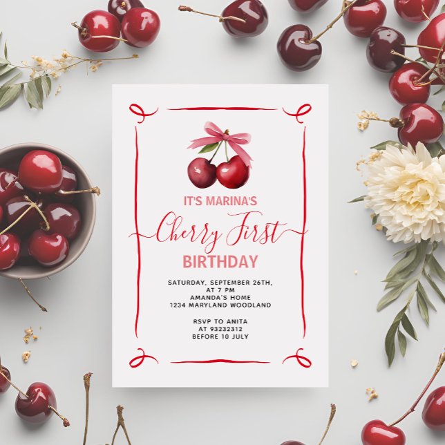 Convite de aniversário de Cherry First Pink (Criador carregado)