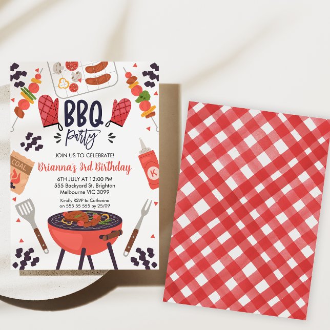 Convite de aniversário de Churrasco Red Gingham (Bbq birthday party invitation, Backyard Bbq Birthday Invitation, Gingham pattern, Summer Bbq Party)