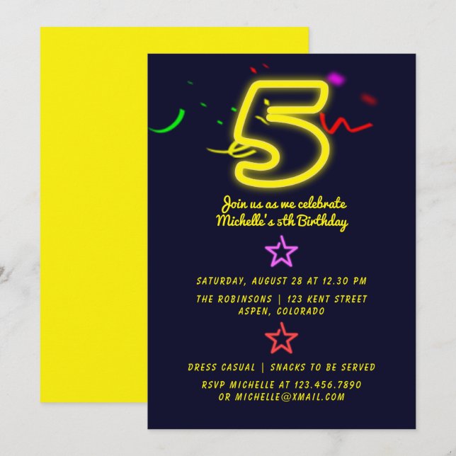 Convite de Aniversário de Cinco Anos com Letreiro  (Frente/Verso)