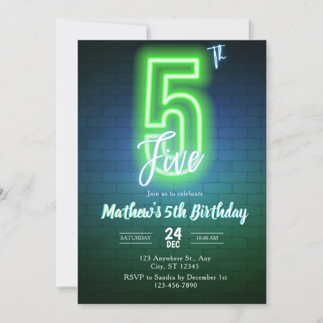 Convite de aniversário de cinco anos Neon (Frente)