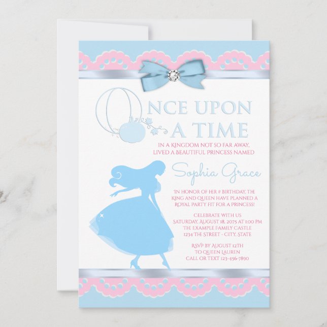 Convite de aniversário de Cinderela Rosa e Azul (Frente)