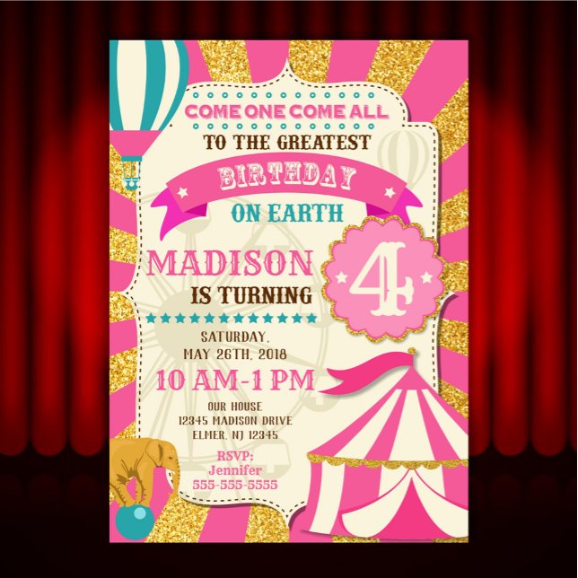 Convite de Aniversário de Circo Carnaval Rosa Dour (Criador carregado)