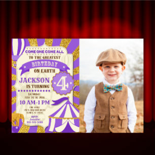 Convite de Aniversário de Circo Carnaval Roxo Dour