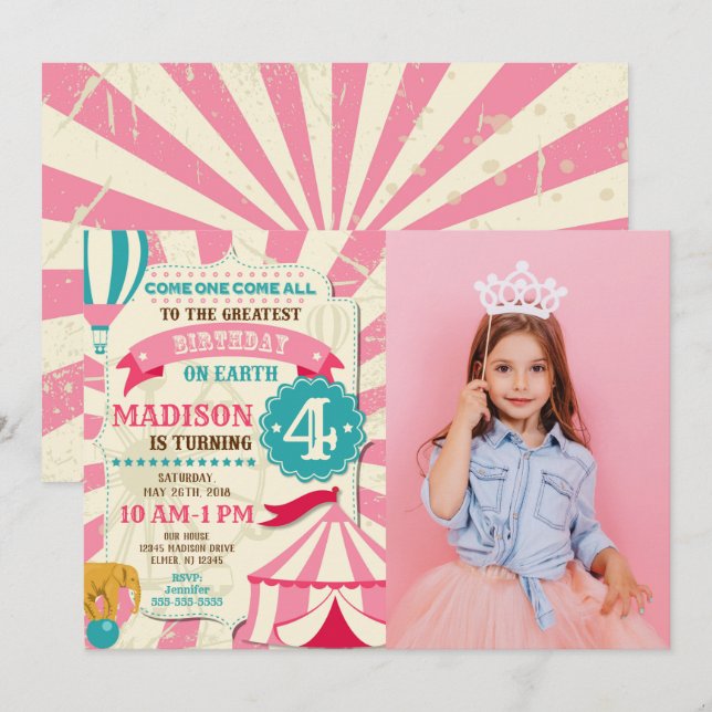 Convite de Aniversário de Circo Menina Convite de  (Frente/Verso)