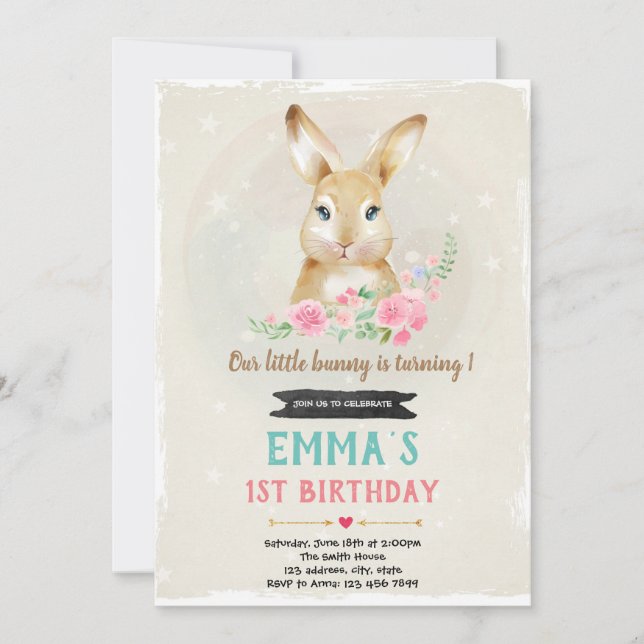 Convite de aniversário de coelho fofo (Frente)