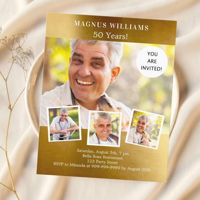 Convite de aniversário de colagem de fotos Dourada (Criador carregado)