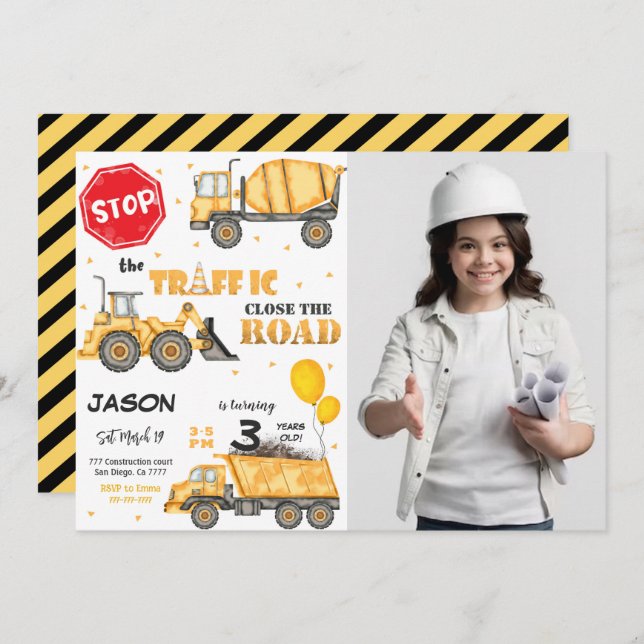 Convite de aniversário de construção com foto (Frente/Verso)