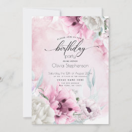 Convite de aniversário de cor rosa aquosa