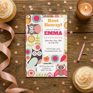 Convite de Aniversário de Coruja Fofa Hoot Hooray 