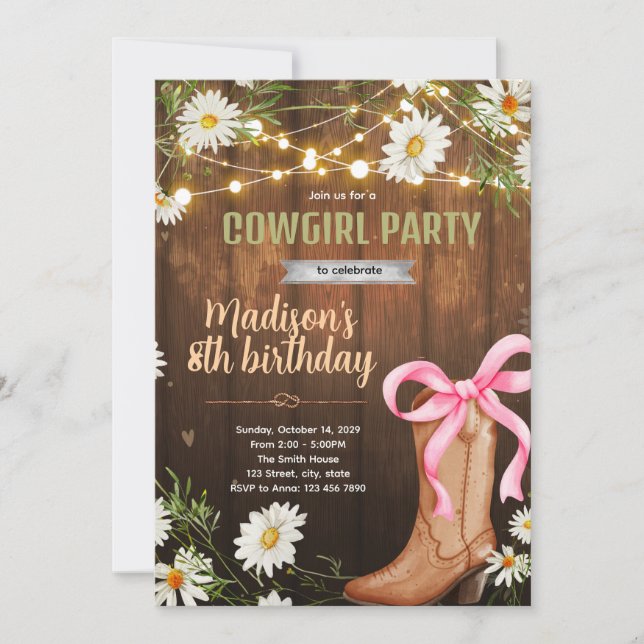 convite de aniversário de cowgirl margarida (Frente)