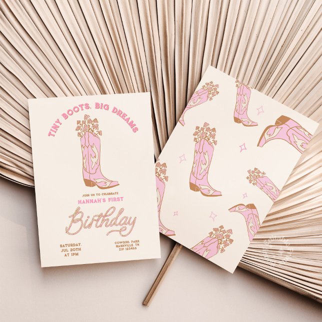 Convite de Aniversário de Cowgirl Tiny Boots Grand (Cowgirs Birthday Invitation Tiny Boots Big Dreams)