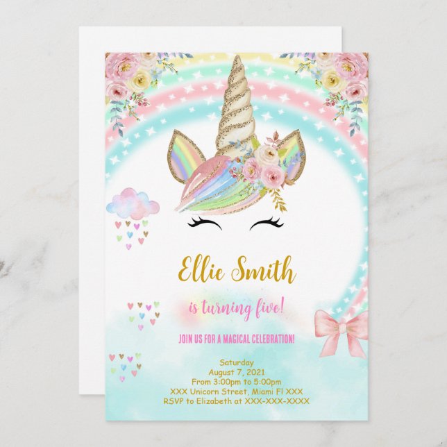 Convite de aniversário de criança Unicorn (Frente/Verso)