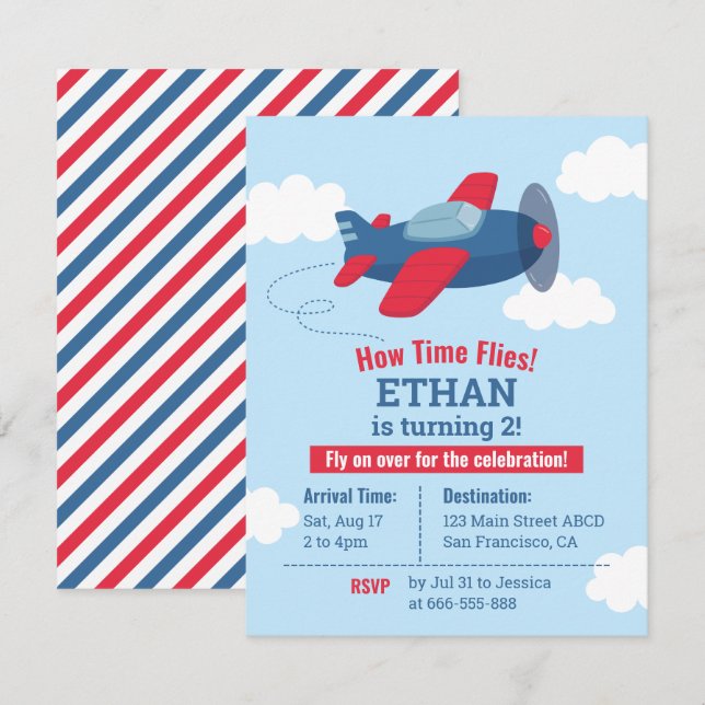 Convite de Aniversário de Crianças com Avião (Frente/Verso)