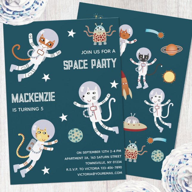 Convite de Aniversário de Crianças Gatos no Espaço (Fun space party cat astronaut personalized kids birthday party invitation)
