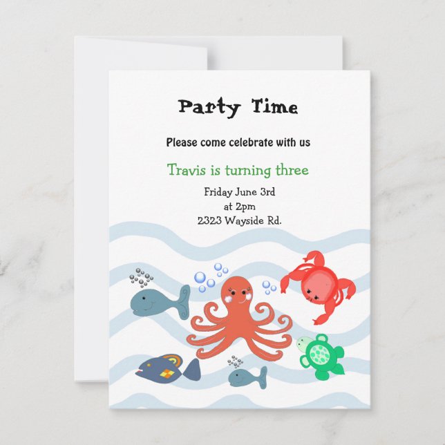 Convite de Aniversário de Criaturas Marinhas (Frente)