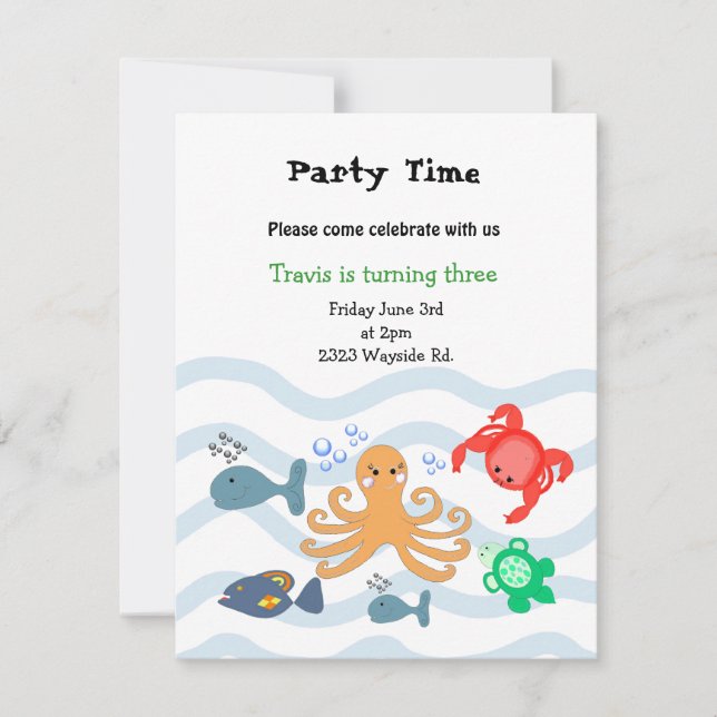 Convite de Aniversário de Criaturas Marinhas (Frente)