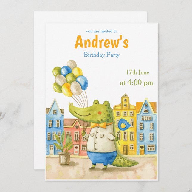 Convite de Aniversário de Crocodilo de Aquarela de (Frente/Verso)