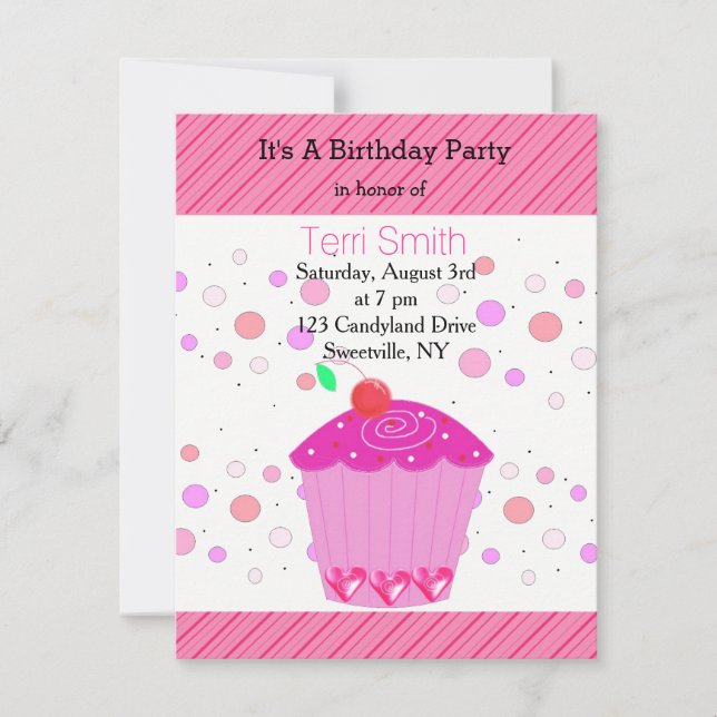 Convite de Aniversário de Cupcake Cereja Rosa (Frente)
