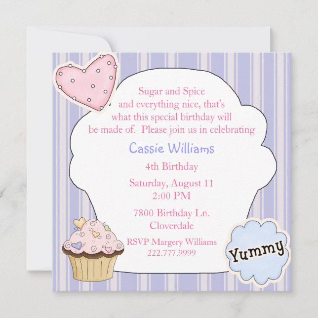 Convite de aniversário de Cupcake de Açúcar e Espe (Frente)