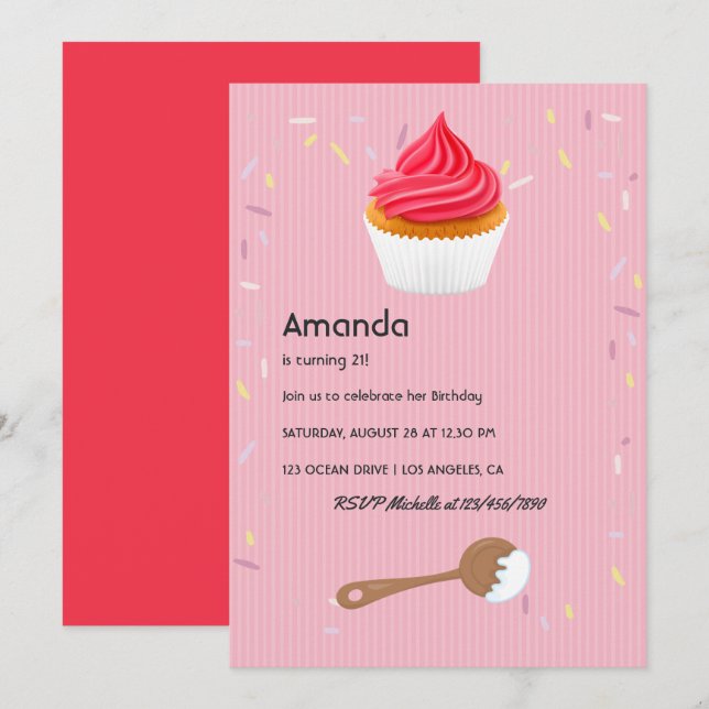 convite de aniversário de Cupcake Rosa (Frente/Verso)