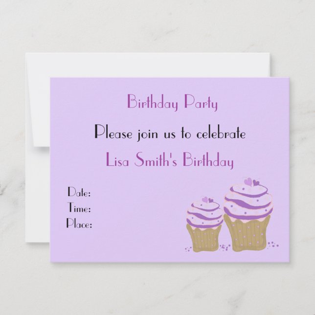 Convite de Aniversário de Cupcake Roxo (Frente)