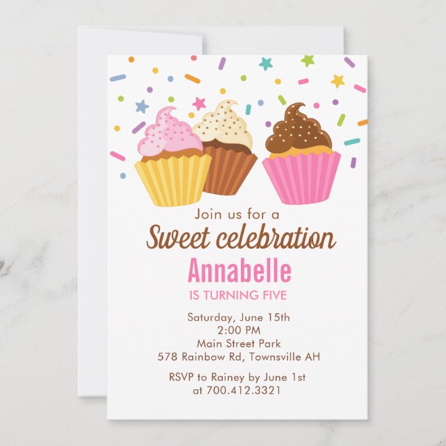 Convite de Aniversário de Cupcakes com confeitos (Frente)