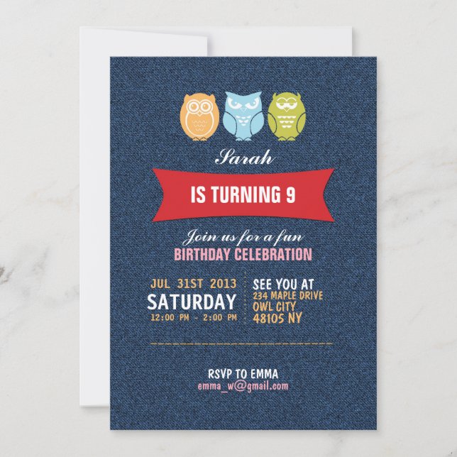 Convite de Aniversário de Denim Owl para Crianças (Frente)
