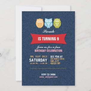 Convite de Aniversário de Denim Owl para Crianças