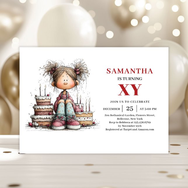Convite de Aniversário de Desenho Animado de Menin (Whimsical Cute Little Girl Cartoon Birthday Invitation

)