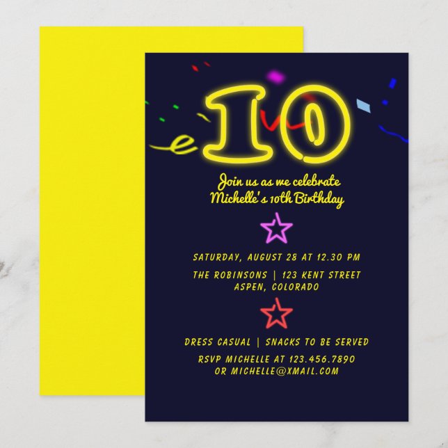 Convite de Aniversário de Dez Anos com Letreiro de (Frente/Verso)