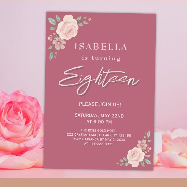 Convite de Aniversário de Dezoito Anos Floral Rosa (Criador carregado)