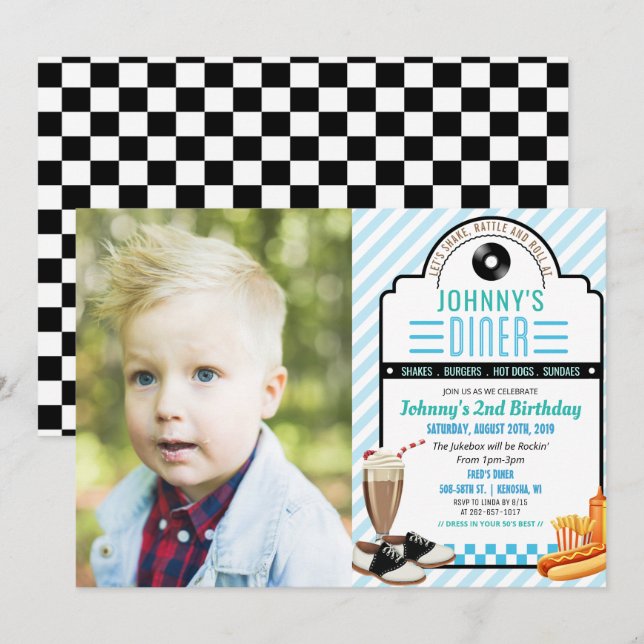 CONVITE DE ANIVERSÁRIO DE DINER RETRÔ PARA QUALQUE (Frente/Verso)