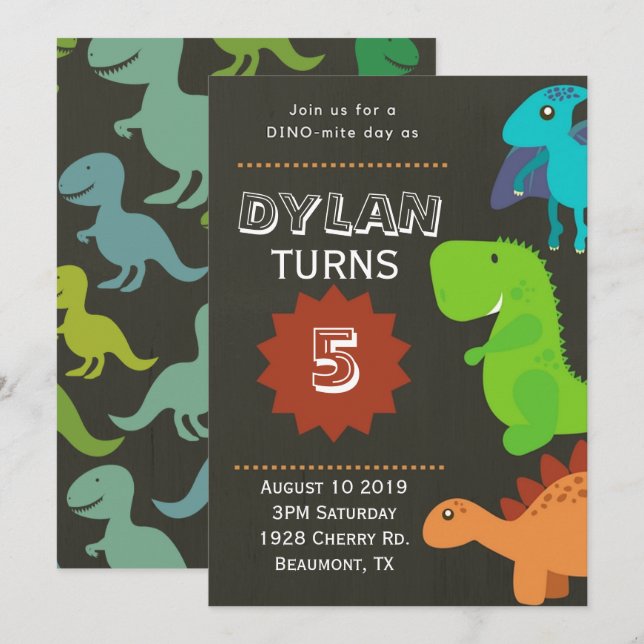 Convite de Aniversário de Dinossauro (Frente/Verso)