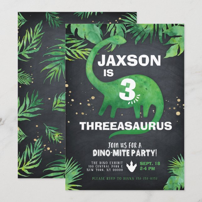 Convite de Aniversário de Dinossauro (Frente/Verso)
