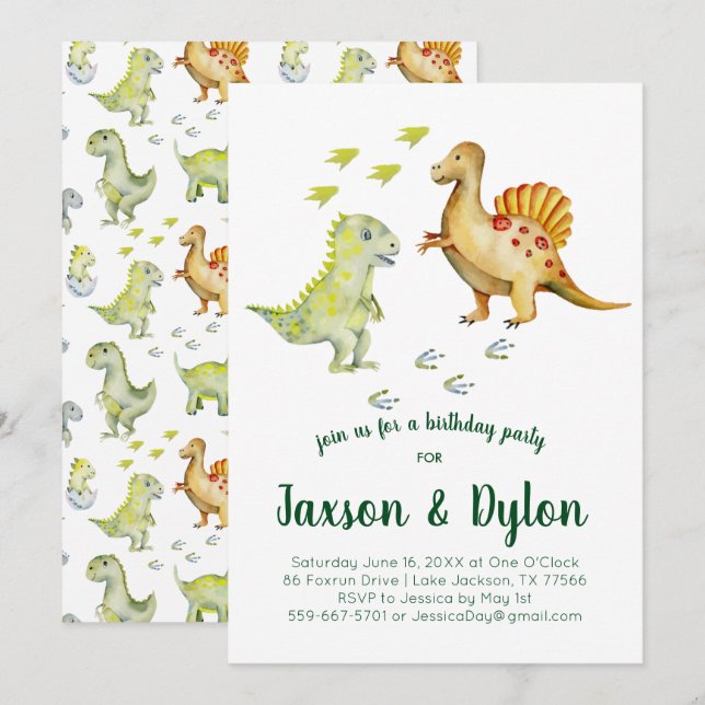 Convite de Aniversário de Dinossauro (Frente/Verso)