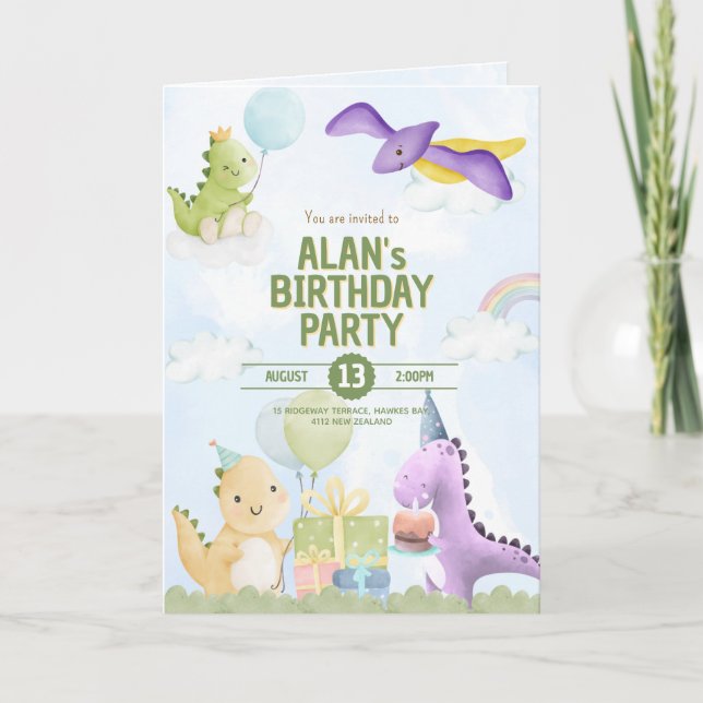 Convite de Aniversário de Dinossauro Aquarela Fofi (Frente)