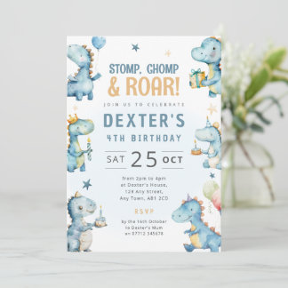 Convite de Aniversário de Dinossauro Azul para Men