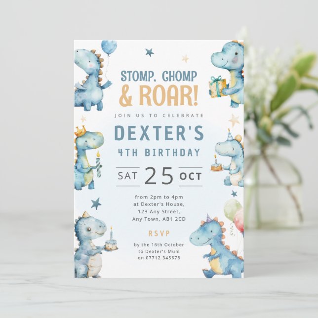 Convite de Aniversário de Dinossauro Azul para Men (Em pé/Frente)