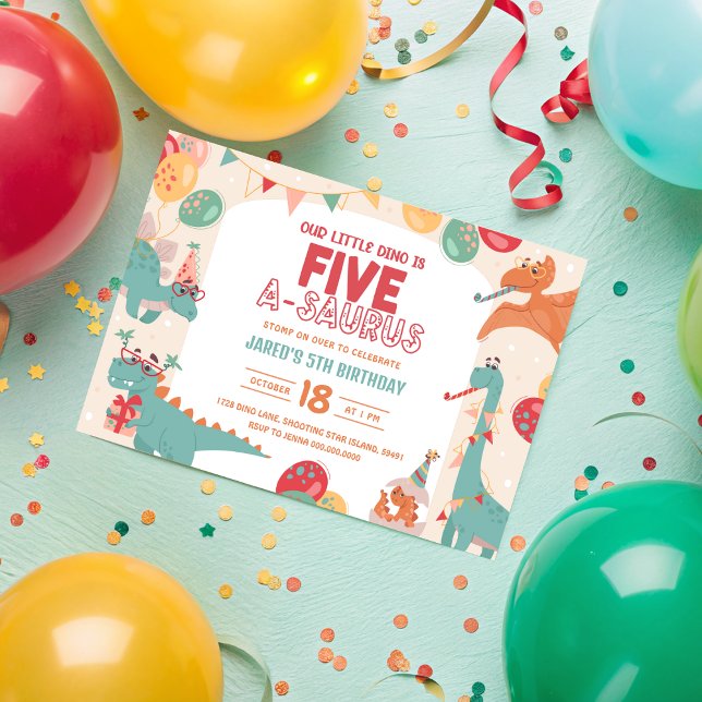 Convite de Aniversário de Dinossauro Cinco. 5 Dino (Dinosaur Birthday Invitation Five. Cute Dino 5th Party Invite. Printable Boy Modern Digital Download)