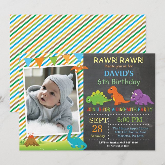 Convite de Aniversário de Dinossauro de Quadro Neg (Frente/Verso)