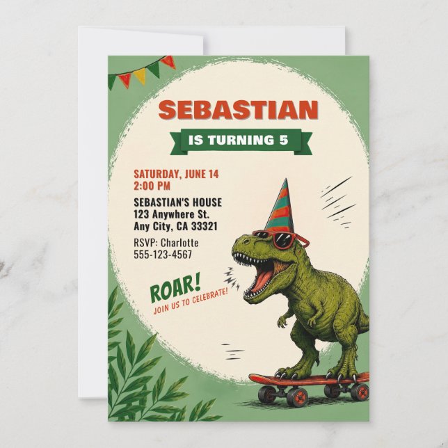 Convite de Aniversário de Dinossauro de Skate (Frente)