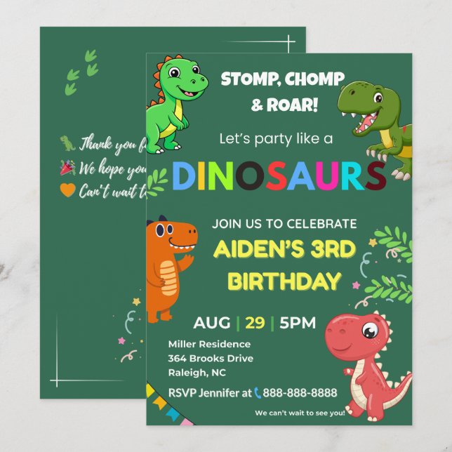 Convite de Aniversário de Dinossauro Editável (Frente/Verso)