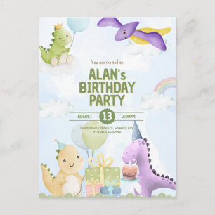 Convite de Aniversário de Dinossauro em Aquarela P