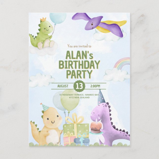 Convite de Aniversário de Dinossauro em Aquarela P (Frente)