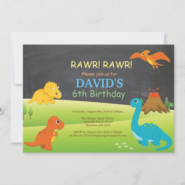 Convite de Aniversário de Dinossauro em Quadro Neg (Frente)