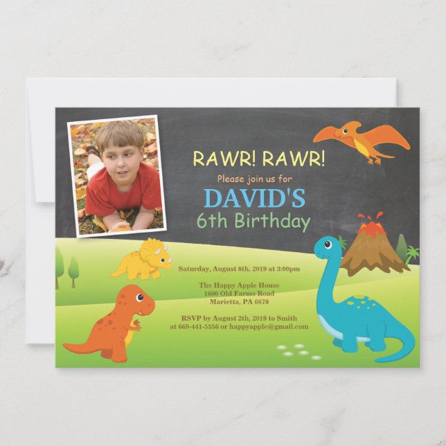 Convite de Aniversário de Dinossauro em Quadro Neg (Frente)